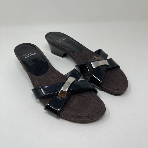 Stuart Weitzman Women's Cork Slip On Sandals Open Toe Black Patent Strap Sz 8.5 - Picture 1 of 9